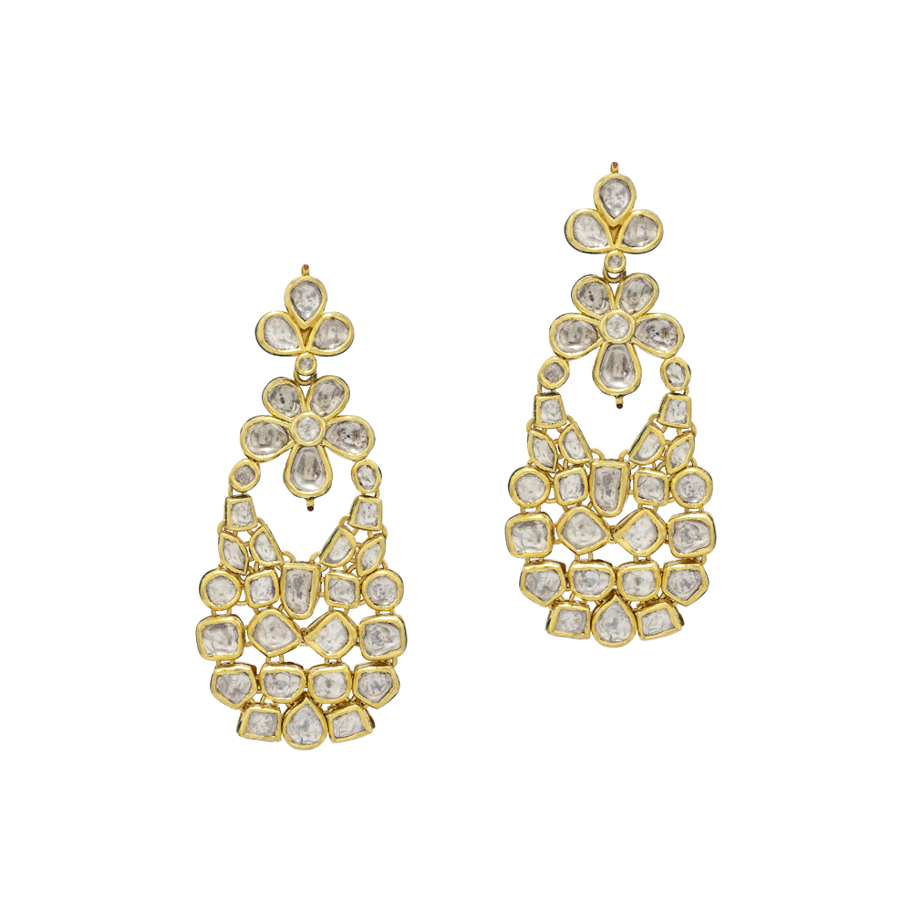 Floral Cascade Earrings with Polki & Gold Detailing
